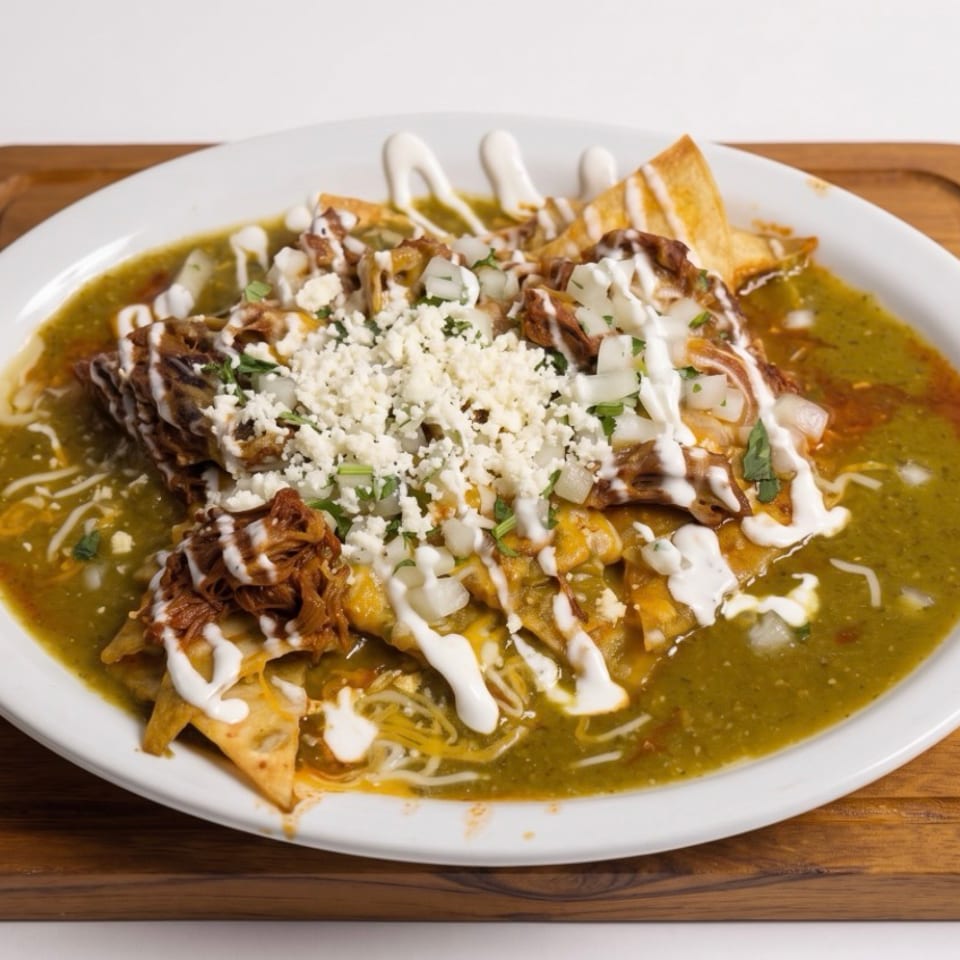 Chilaquiles with green sauce, shredded meat, cheese, onions, and sour cream on a white plate.